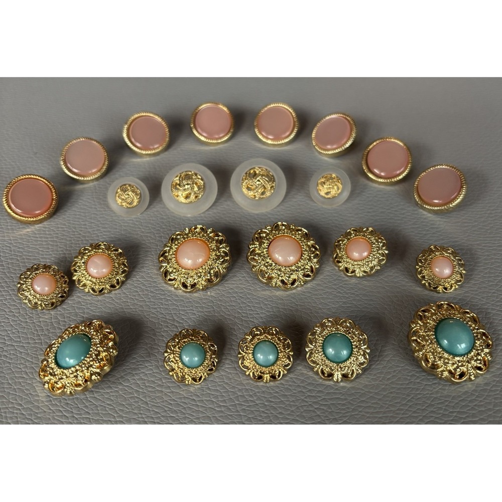 Contemporary Gold Filigree Cabochon Button Lot Pink Aqua Frosted Retro Style Set